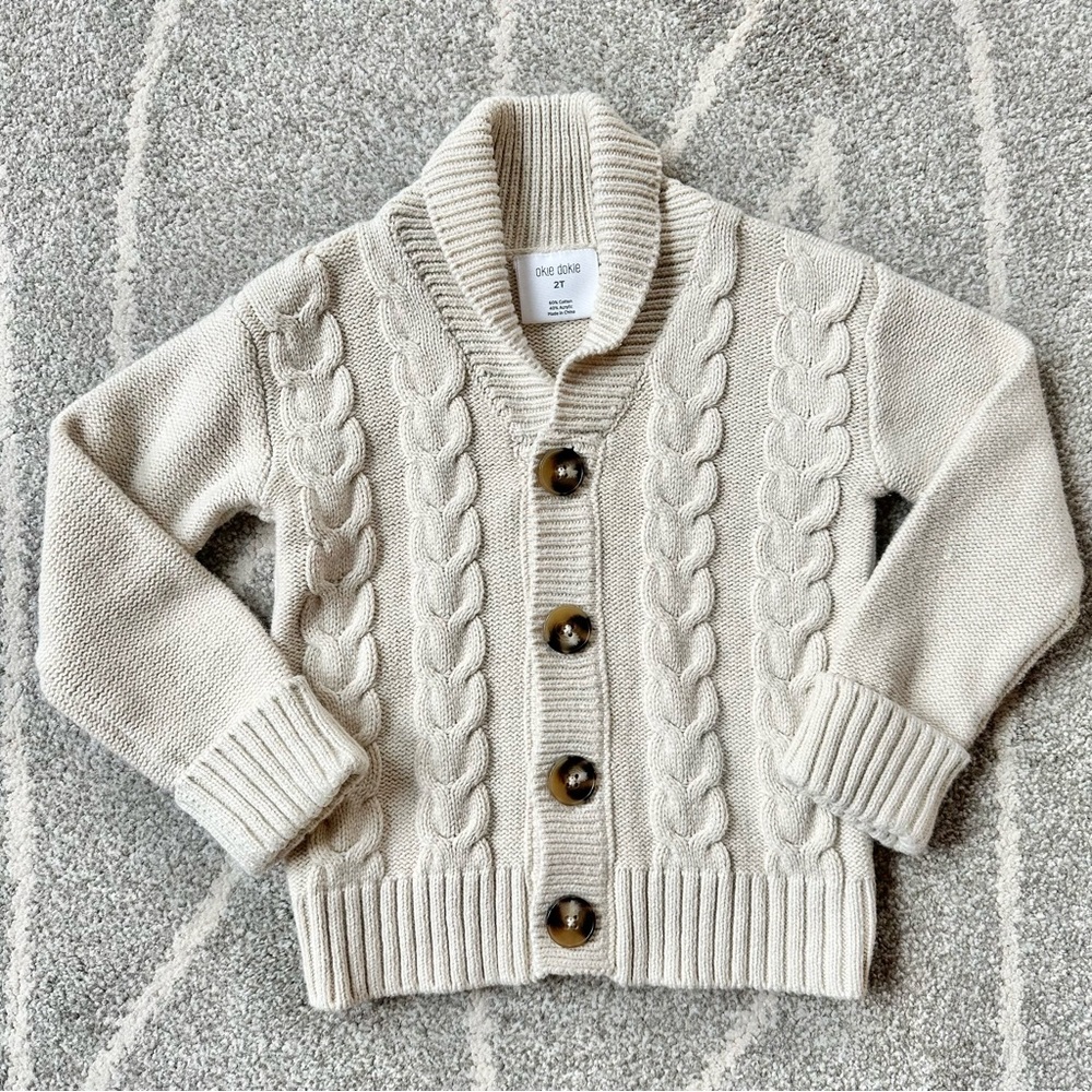 Okie Dokie Cream Cable knit Shawl Collar Cardigan Size 2T